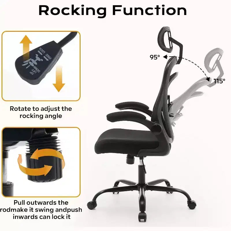 Silla de oficina ergonómica con reposabrazos abatibles, asiento ancho de malla y soporte lumbar, silla para escritorio de computadora, ideal para el dormitorio o el estudio