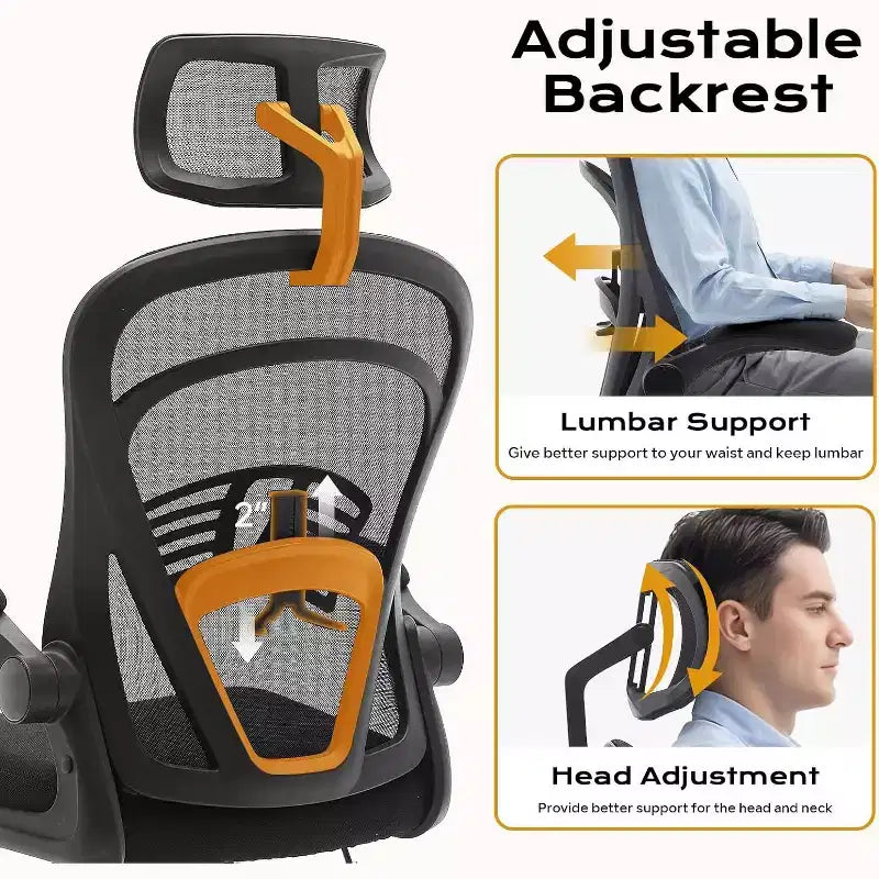 Silla de oficina ergonómica con reposabrazos abatibles, asiento ancho de malla y soporte lumbar, silla para escritorio de computadora, ideal para el dormitorio o el estudio