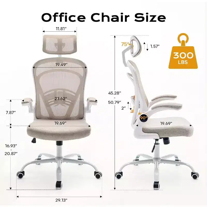 Silla de oficina ergonómica con reposabrazos abatibles, asiento ancho de malla y soporte lumbar, silla para escritorio de computadora, ideal para el dormitorio o el estudio