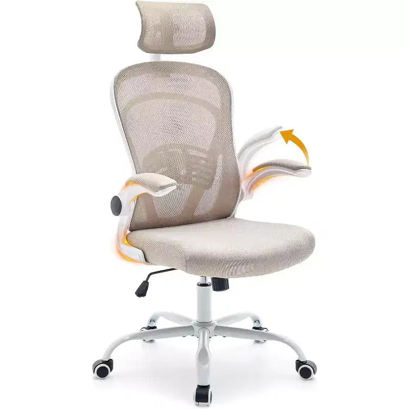 Ergonomischer Bürostuhl mit hochklappbaren Armlehnen, breiter Netzsitzfläche und Lendenstütze, Schreibtischstuhl für Schlafzimmer oder Arbeitszimmer