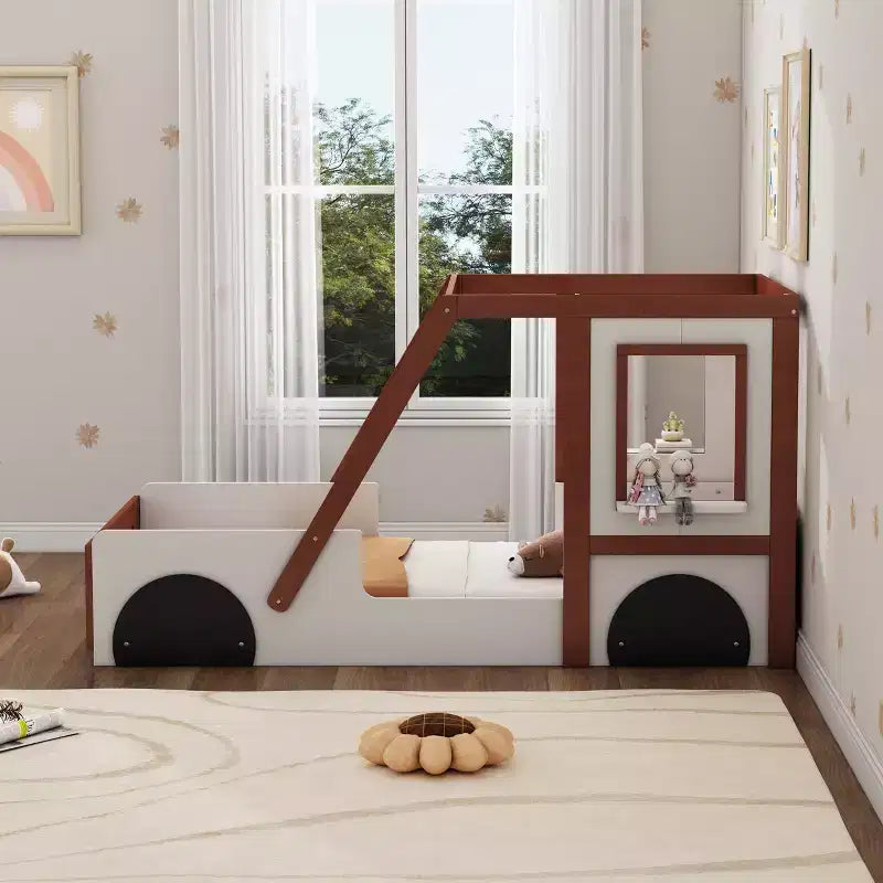 Linda cama de auto individual, cama de plataforma de madera con forma de auto para el dormitorio de niños y niñas, naranja