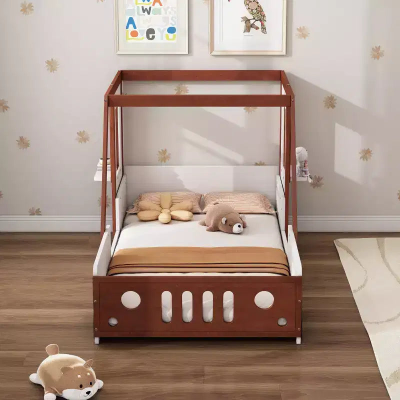 Linda cama de auto individual, cama de plataforma de madera con forma de auto para el dormitorio de niños y niñas, naranja