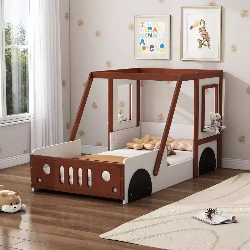 Linda cama de auto individual, cama de plataforma de madera con forma de auto para el dormitorio de niños y niñas, naranja