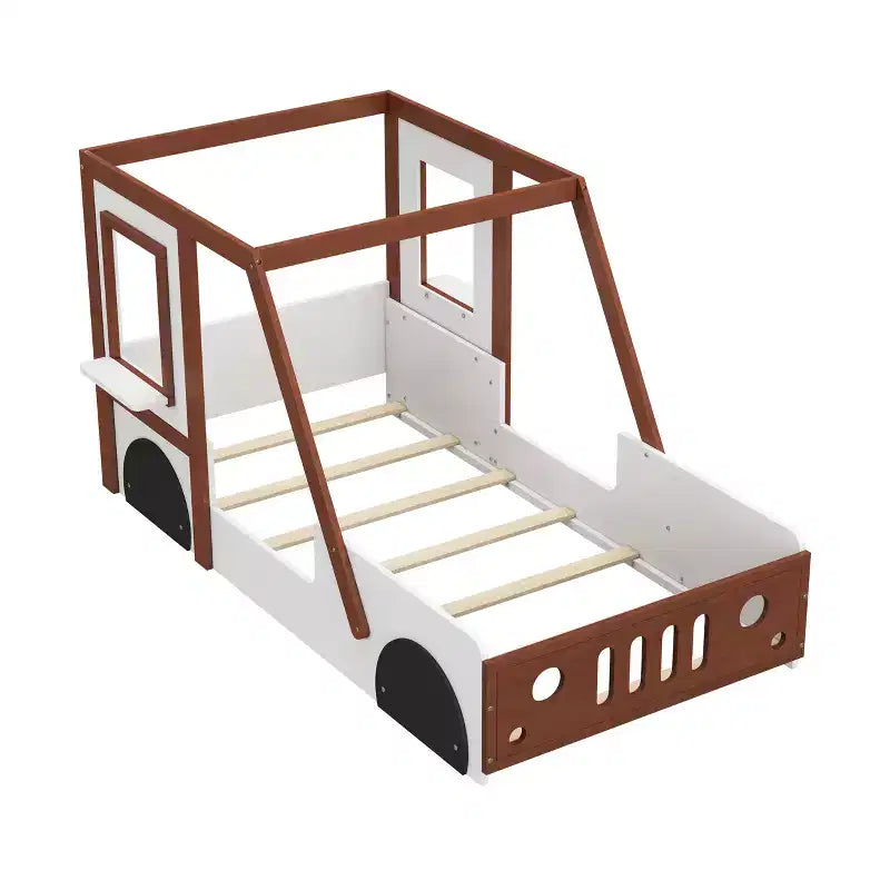 Niedliches Autobett in Twin-Größe, Plattformbett aus Holz in Autoform für Jungen und Mädchen, Orange