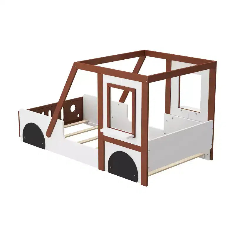 Niedliches Autobett in Twin-Größe, Plattformbett aus Holz in Autoform für Jungen und Mädchen, Orange