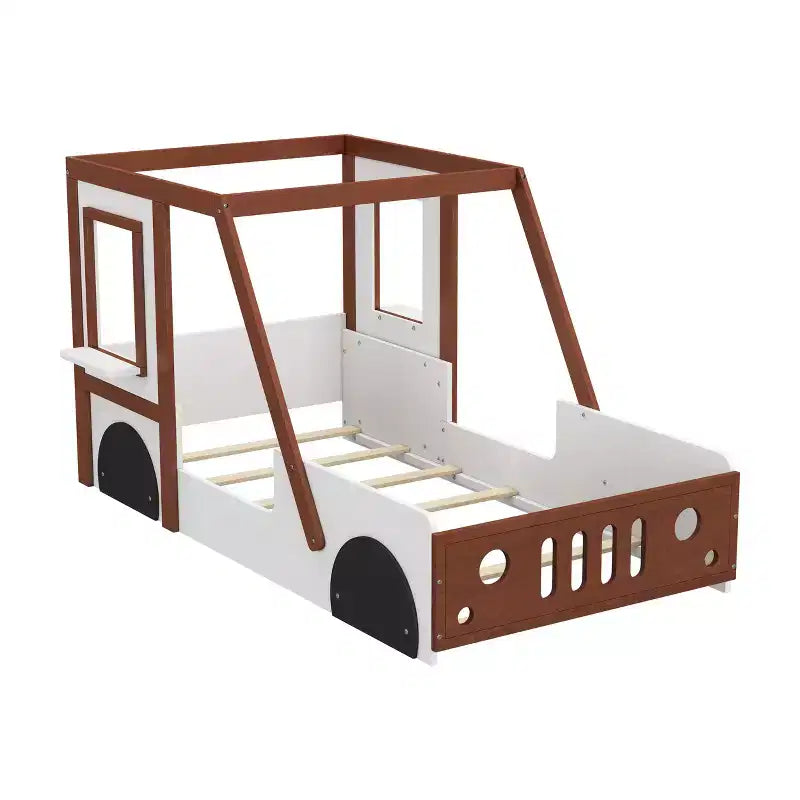 Niedliches Autobett in Twin-Größe, Plattformbett aus Holz in Autoform für Jungen und Mädchen, Orange