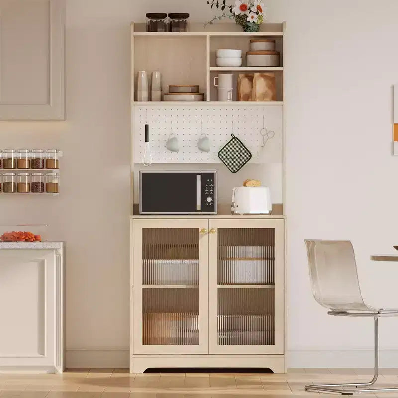 Armoire garde-manger de 71 de haut avec 2 portes vitrées, armoire de rangement autoportante pour cuisine avec 7 compartiments de rangement et étagères réglables