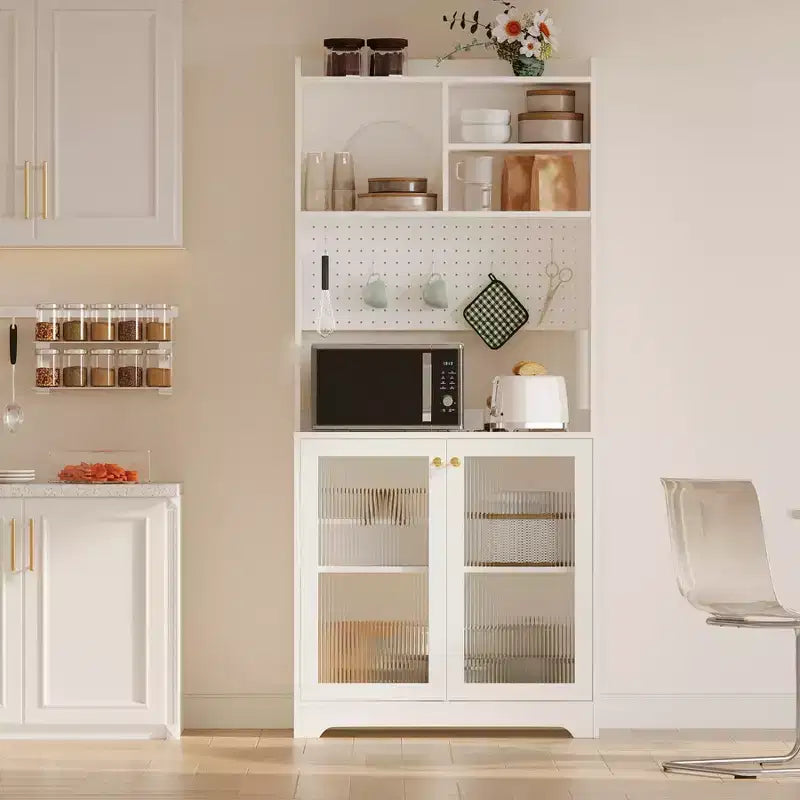 Armoire garde-manger de 71 de haut avec 2 portes vitrées, armoire de rangement autoportante pour cuisine avec 7 compartiments de rangement et étagères réglables