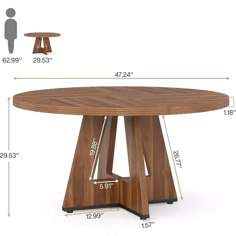 Table ronde à manger de 47 pouces pour 4 personnes, table de cuisine circulaire de style rustique avec pied central en bois pour la cuisine, la salle à manger ou le salon, marron