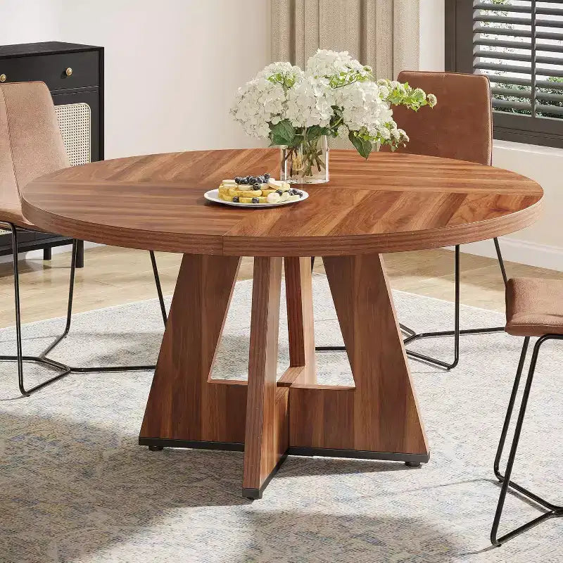 Table ronde à manger de 47 pouces pour 4 personnes, table de cuisine circulaire de style rustique avec pied central en bois pour la cuisine, la salle à manger ou le salon, marron