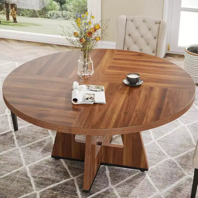 Mesa de comedor redonda de 47 pulgadas para 4 personas, mesa de cocina circular estilo granja con base de pedestal de madera para cocina, comedor y sala de estar, marrón