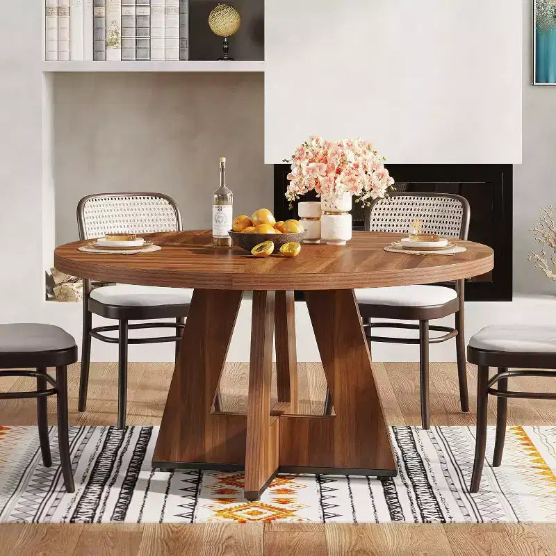 Mesa de comedor redonda de 47 pulgadas para 4 personas, mesa de cocina circular estilo granja con base de pedestal de madera para cocina, comedor y sala de estar, marrón