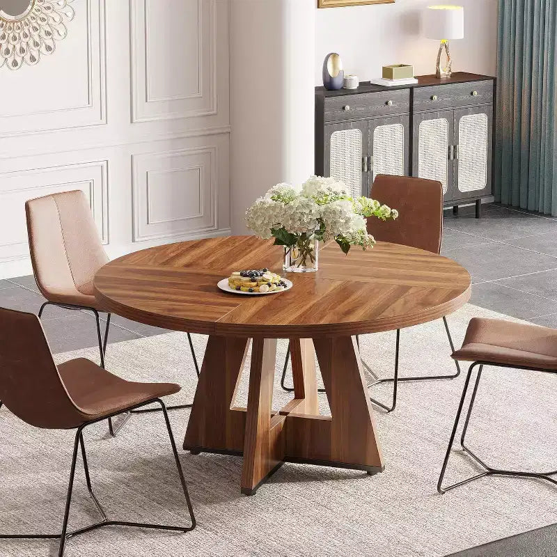 Mesa de comedor redonda de 47 pulgadas para 4 personas, mesa de cocina circular estilo granja con base de pedestal de madera para cocina, comedor y sala de estar, marrón