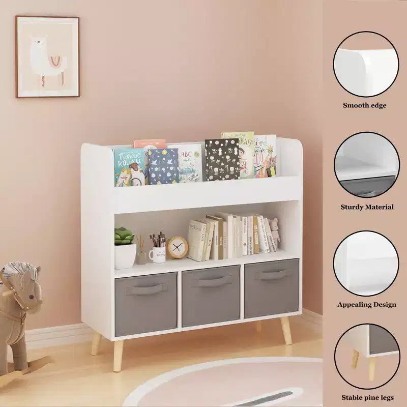 Kinder-Bücherregal mit nach vorne gerichteten Buchablagen und 3 Stoffboxen, 4 Ebenen, Bücherpräsentation und Spielzeugaufbewahrung fürs Spielzimmer, Weiß/Grau