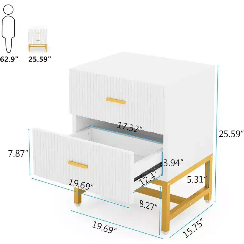 Mesita de noche de 2 cajones, mesa auxiliar moderna estriada con almacenamiento, mesa decorativa de madera para dormitorio, sala de estar y espacios pequeños, blanca