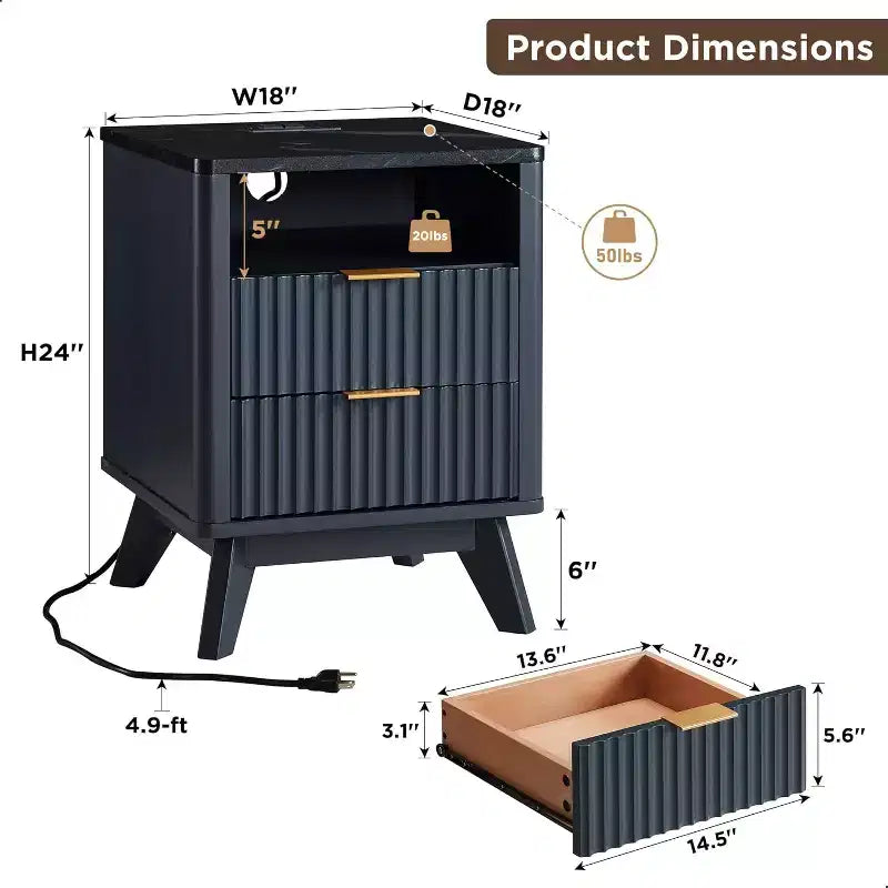 Table de chevet moderne cannelée avec station de recharge, plateau imitation marbre et rangement à 2 tiroirs