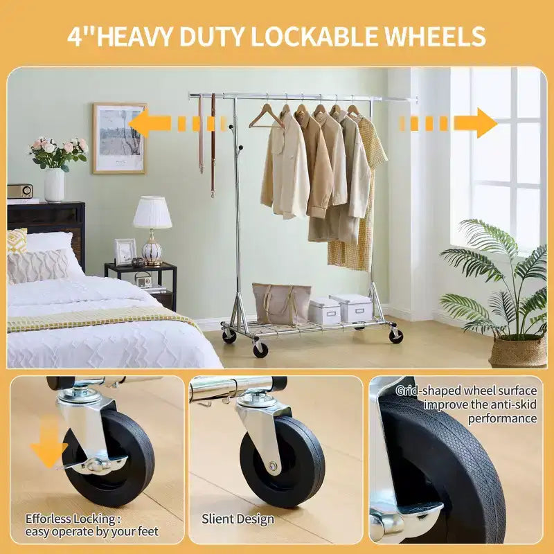 Portant à vêtements roulant robuste de 68, capacité de 600LBS, portant commercial pliable en fer (portant portable pour chambre)