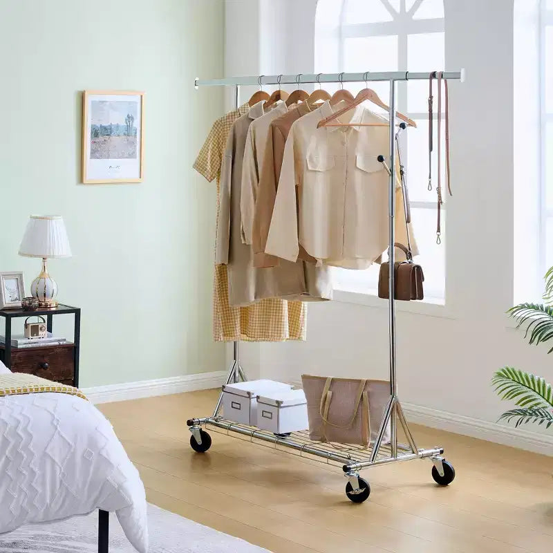 Perchero rodante resistente de 68 y 600 LBS, perchero comercial plegable de hierro (perchero portátil para dormitorio)