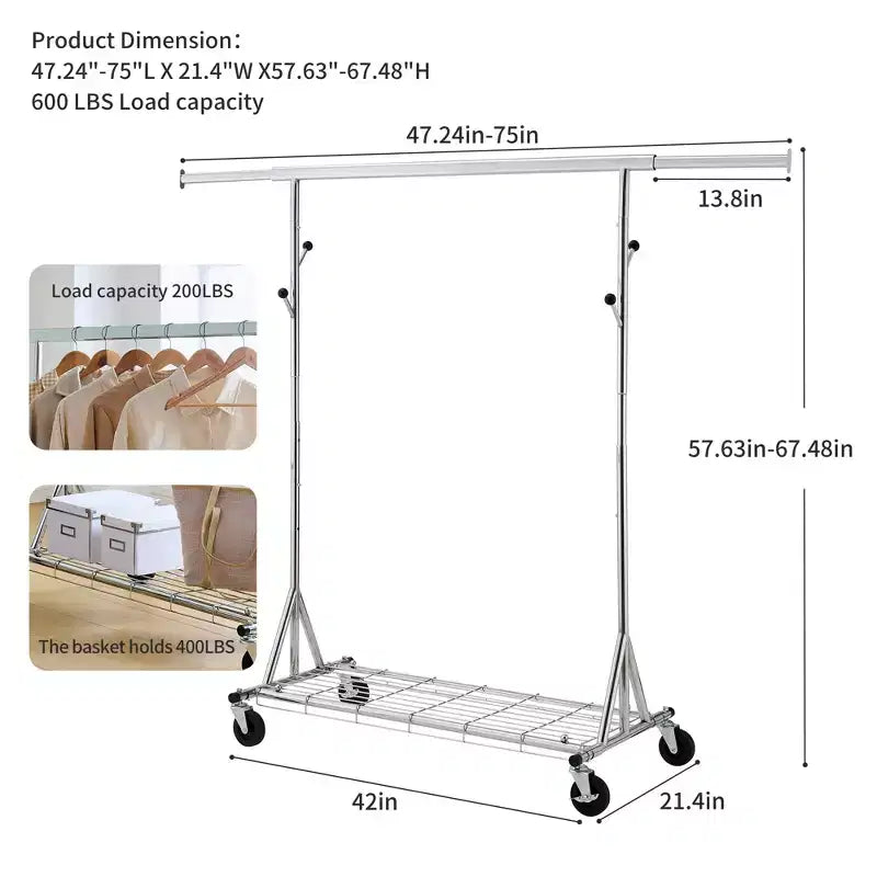 Portant à vêtements roulant robuste de 68, capacité de 600LBS, portant commercial pliable en fer (portant portable pour chambre)
