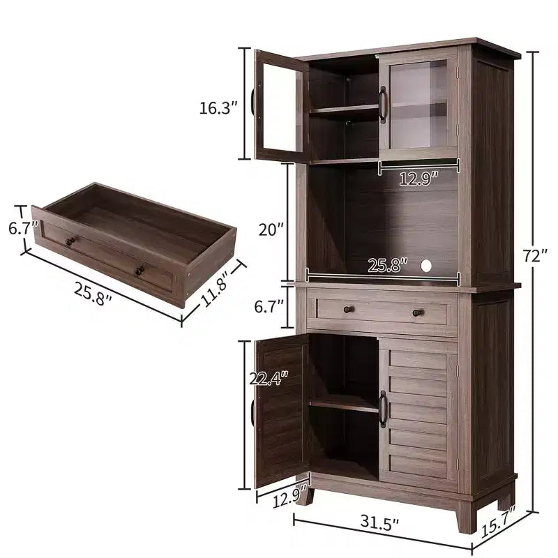 Garde-manger et bar de cuisine de 72 avec support pour micro-ondes - Vaisselier haut avec portes vitrées et tiroirs pour salon et salle à manger