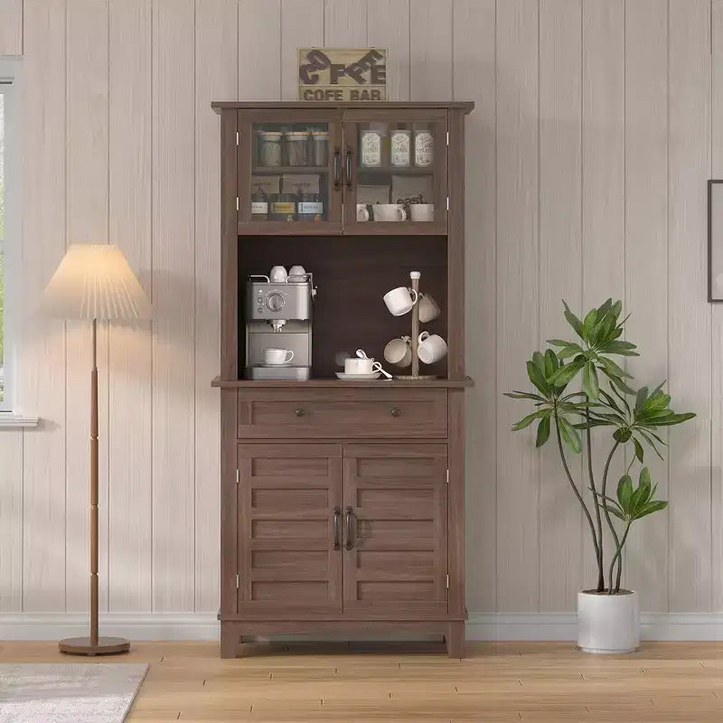 Garde-manger et bar de cuisine de 72 avec support pour micro-ondes - Vaisselier haut avec portes vitrées et tiroirs pour salon et salle à manger