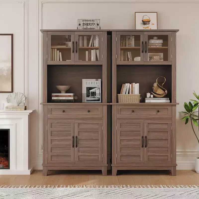 Garde-manger et bar de cuisine de 72 avec support pour micro-ondes - Vaisselier haut avec portes vitrées et tiroirs pour salon et salle à manger
