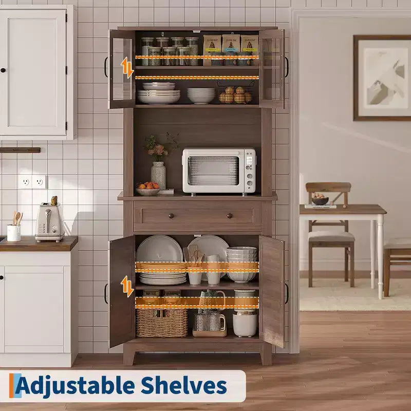 Garde-manger et bar de cuisine de 72 avec support pour micro-ondes - Vaisselier haut avec portes vitrées et tiroirs pour salon et salle à manger