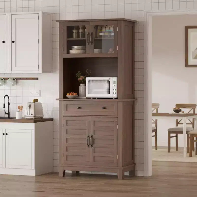 Garde-manger et bar de cuisine de 72 avec support pour micro-ondes - Vaisselier haut avec portes vitrées et tiroirs pour salon et salle à manger