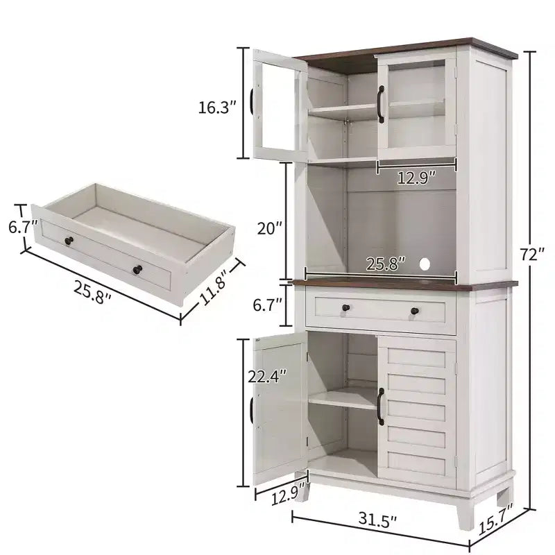 Garde-manger et bar de cuisine de 72 avec support pour micro-ondes - Vaisselier haut avec portes vitrées et tiroirs pour salon et salle à manger