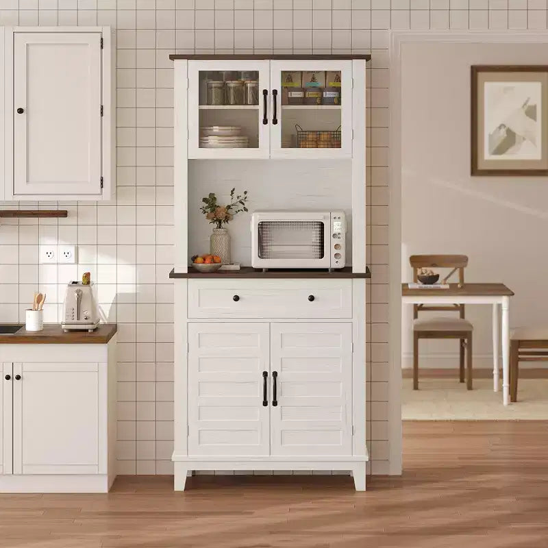 Garde-manger et bar de cuisine de 72 avec support pour micro-ondes - Vaisselier haut avec portes vitrées et tiroirs pour salon et salle à manger