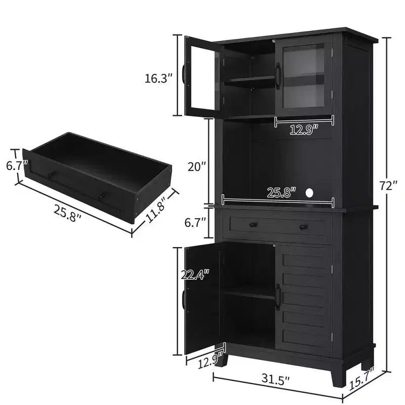 Garde-manger et bar de cuisine de 72 avec support pour micro-ondes - Vaisselier haut avec portes vitrées et tiroirs pour salon et salle à manger