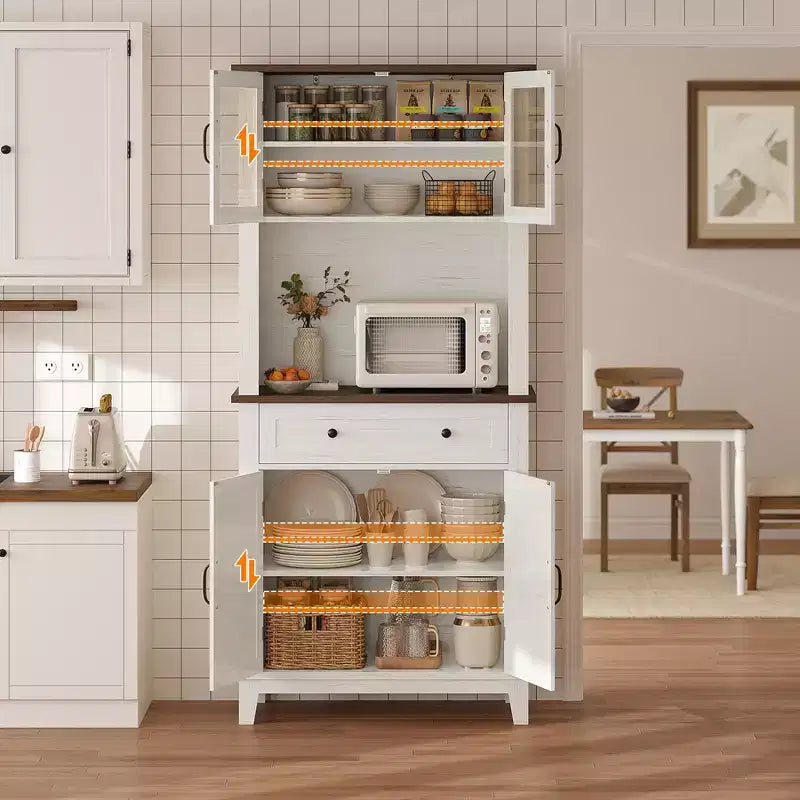 Garde-manger et bar de cuisine de 72 avec support pour micro-ondes - Vaisselier haut avec portes vitrées et tiroirs pour salon et salle à manger