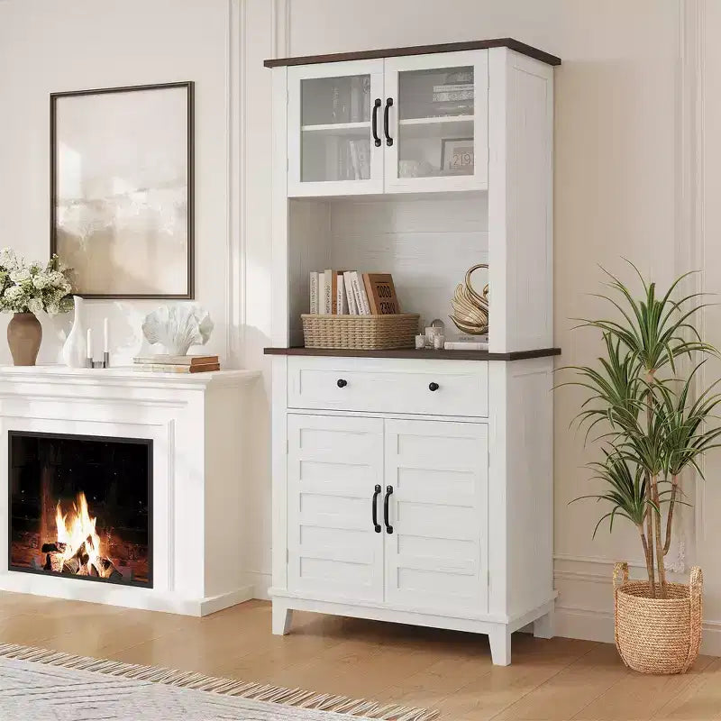 Garde-manger et bar de cuisine de 72 avec support pour micro-ondes - Vaisselier haut avec portes vitrées et tiroirs pour salon et salle à manger