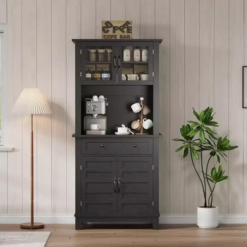 Garde-manger et bar de cuisine de 72 avec support pour micro-ondes - Vaisselier haut avec portes vitrées et tiroirs pour salon et salle à manger