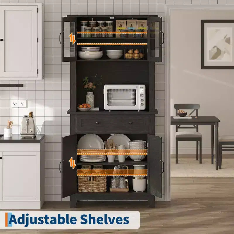 Garde-manger et bar de cuisine de 72 avec support pour micro-ondes - Vaisselier haut avec portes vitrées et tiroirs pour salon et salle à manger