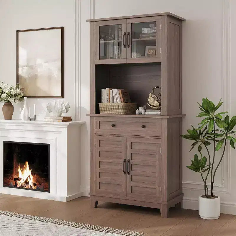 Garde-manger et bar de cuisine de 72 avec support pour micro-ondes - Vaisselier haut avec portes vitrées et tiroirs pour salon et salle à manger