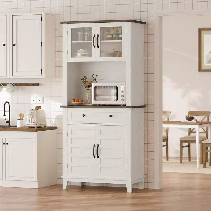 Garde-manger et bar de cuisine de 72 avec support pour micro-ondes - Vaisselier haut avec portes vitrées et tiroirs pour salon et salle à manger
