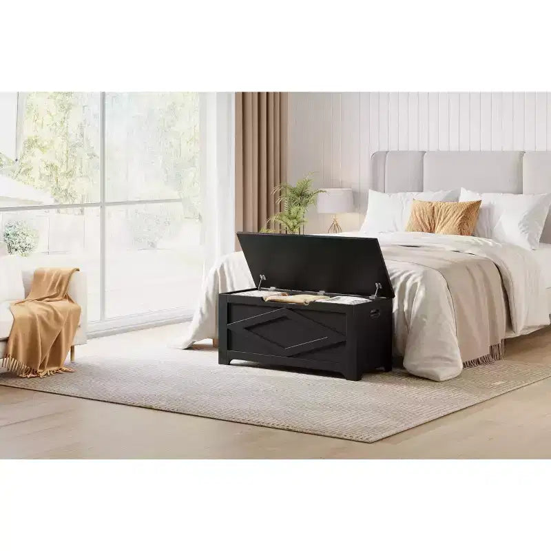 Aufbewahrungstruhe, Sitzbank mit Sicherheits-Scharnier, Truhe aus Holz im Landhausstil für Eingangsbereich, Schlafzimmer und Wohnzimmer