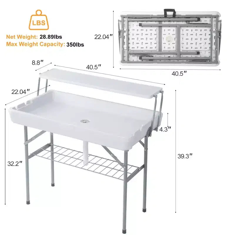 Mesa hielera plegable para exteriores con desagüe y estante de almacenamiento, mesa portátil para servir hielo en fiestas con faldón, para acampadas, pícnics y eventos, blanca