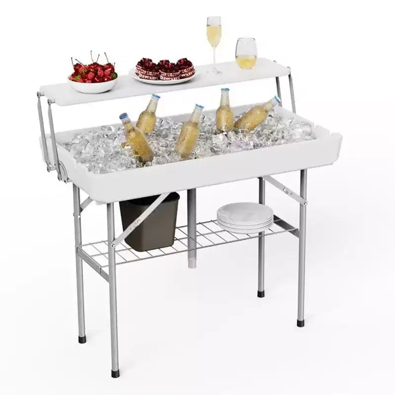 Mesa hielera plegable para exteriores con desagüe y estante de almacenamiento, mesa portátil para servir hielo en fiestas con faldón, para acampadas, pícnics y eventos, blanca