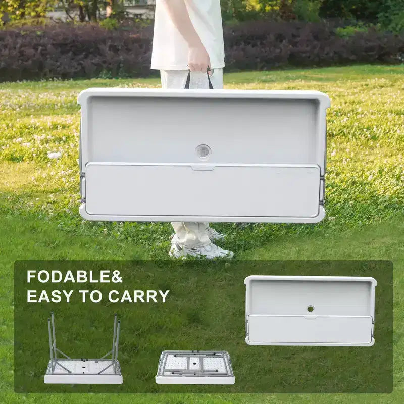 Mesa hielera plegable para exteriores con desagüe y estante de almacenamiento, mesa portátil para servir hielo en fiestas con faldón, para acampadas, pícnics y eventos, blanca
