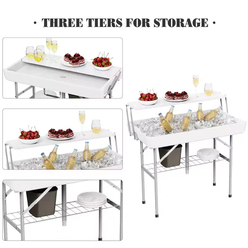Mesa hielera plegable para exteriores con desagüe y estante de almacenamiento, mesa portátil para servir hielo en fiestas con faldón, para acampadas, pícnics y eventos, blanca