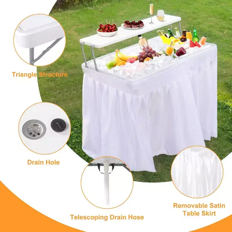 Mesa hielera plegable para exteriores con desagüe y estante de almacenamiento, mesa portátil para servir hielo en fiestas con faldón, para acampadas, pícnics y eventos, blanca