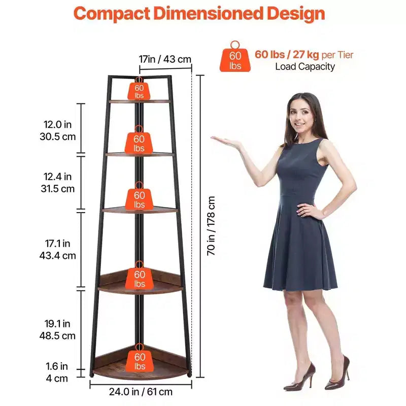 70 Zoll hohes industrielles Eckregal mit 5 Ebenen - Metallgestell, Holzböden, rustikales Braun