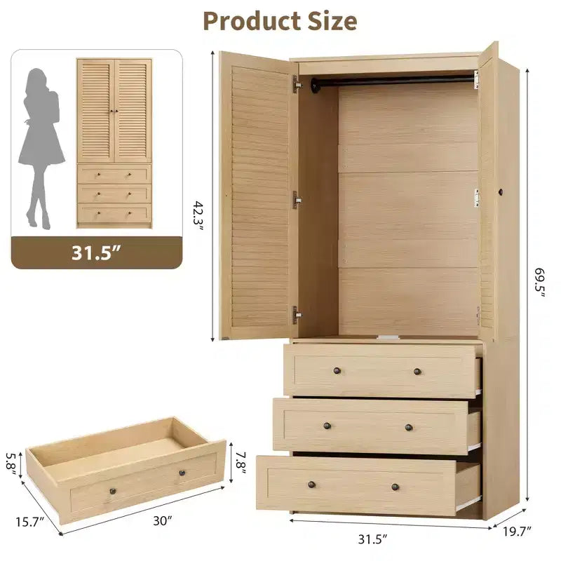Kleiderschrank mit Schubladen, 69.5 Zoll hoher Kleiderschrank aus Holz mit Kleiderstange, zweitüriger Aufbewahrungsschrank fürs Schlafzimmer