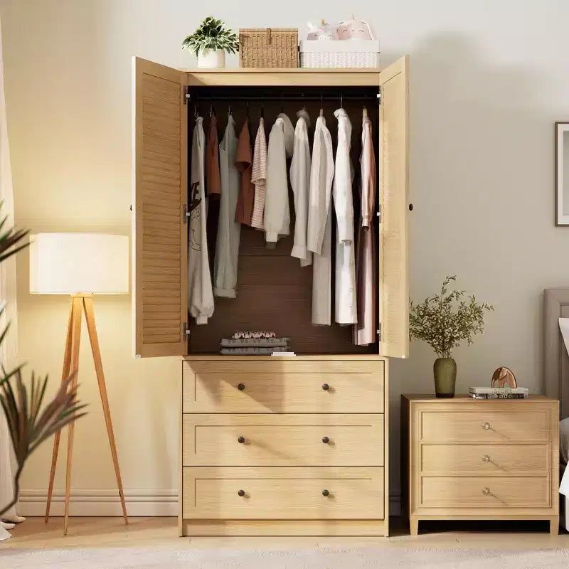 Kleiderschrank mit Schubladen, 69.5 Zoll hoher Kleiderschrank aus Holz mit Kleiderstange, zweitüriger Aufbewahrungsschrank fürs Schlafzimmer
