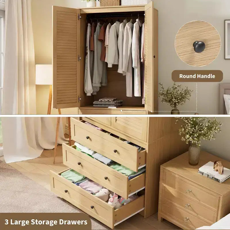 Kleiderschrank mit Schubladen, 69.5 Zoll hoher Kleiderschrank aus Holz mit Kleiderstange, zweitüriger Aufbewahrungsschrank fürs Schlafzimmer