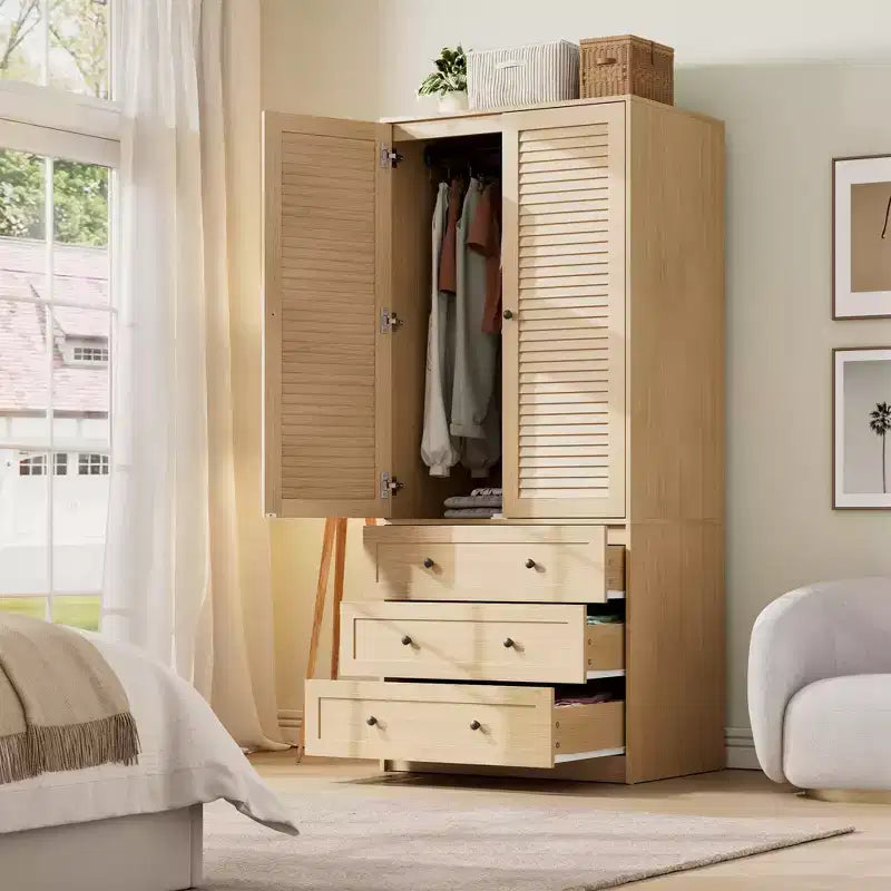 Kleiderschrank mit Schubladen, 69.5 Zoll hoher Kleiderschrank aus Holz mit Kleiderstange, zweitüriger Aufbewahrungsschrank fürs Schlafzimmer