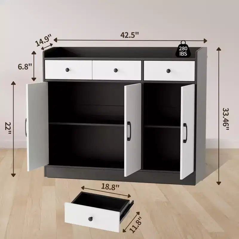 Aparador de 47'' - Estantes ajustables, armario de madera con 3 cajones - Mesa aparador moderna para bar de café, sala de estar y recibidor