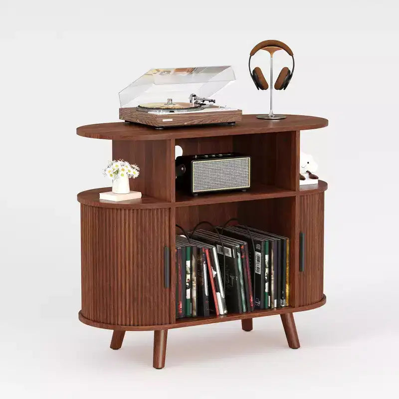 35'' geriffelter Plattenspielerschrank im modernen Mid-Century-Stil, großer runder Plattenspielerständer mit Ladestation und Ablagefläche, fürs Wohnzimmer
